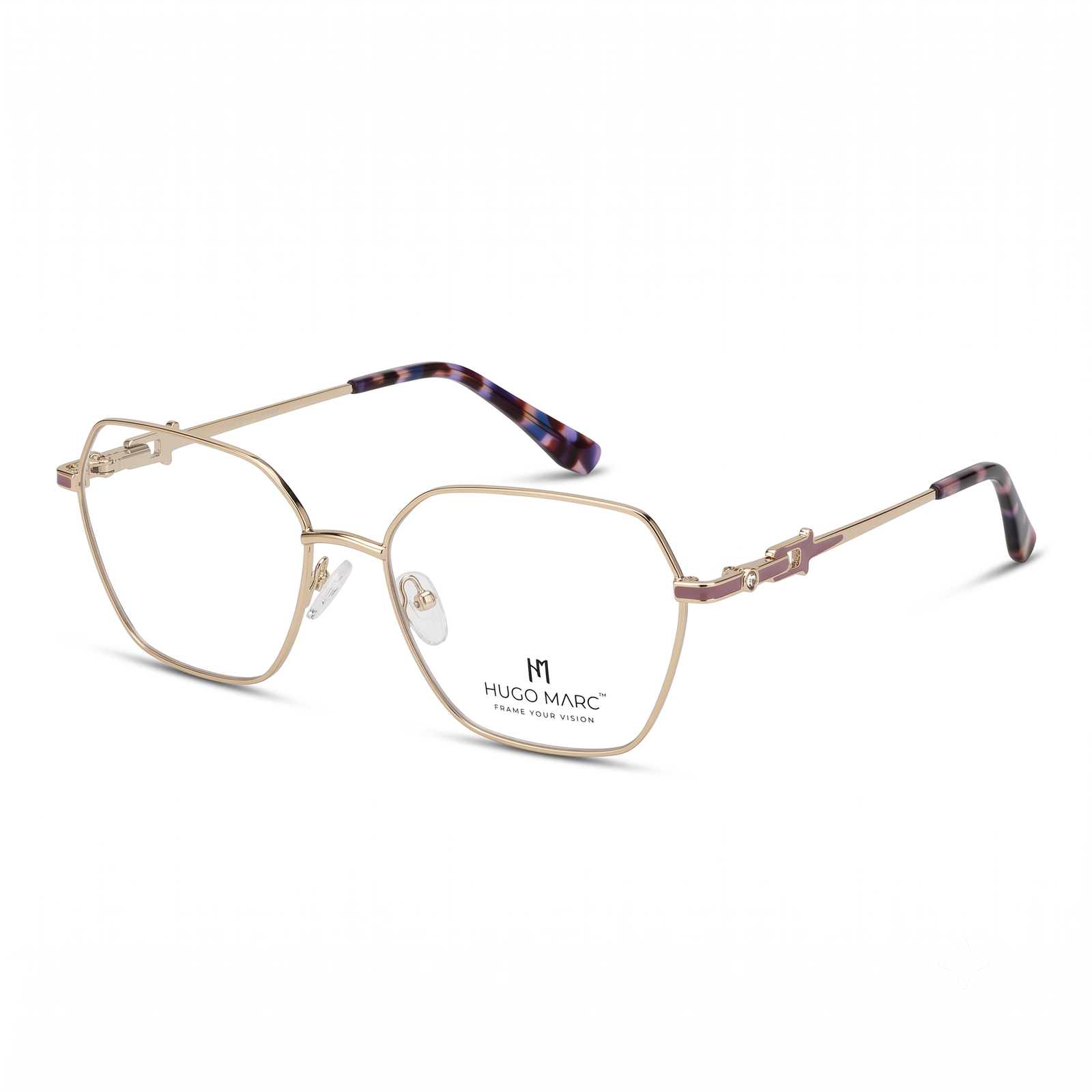 Hugo Marc HM-2054 women's geometric metal eyeglasses with decorative temple accents