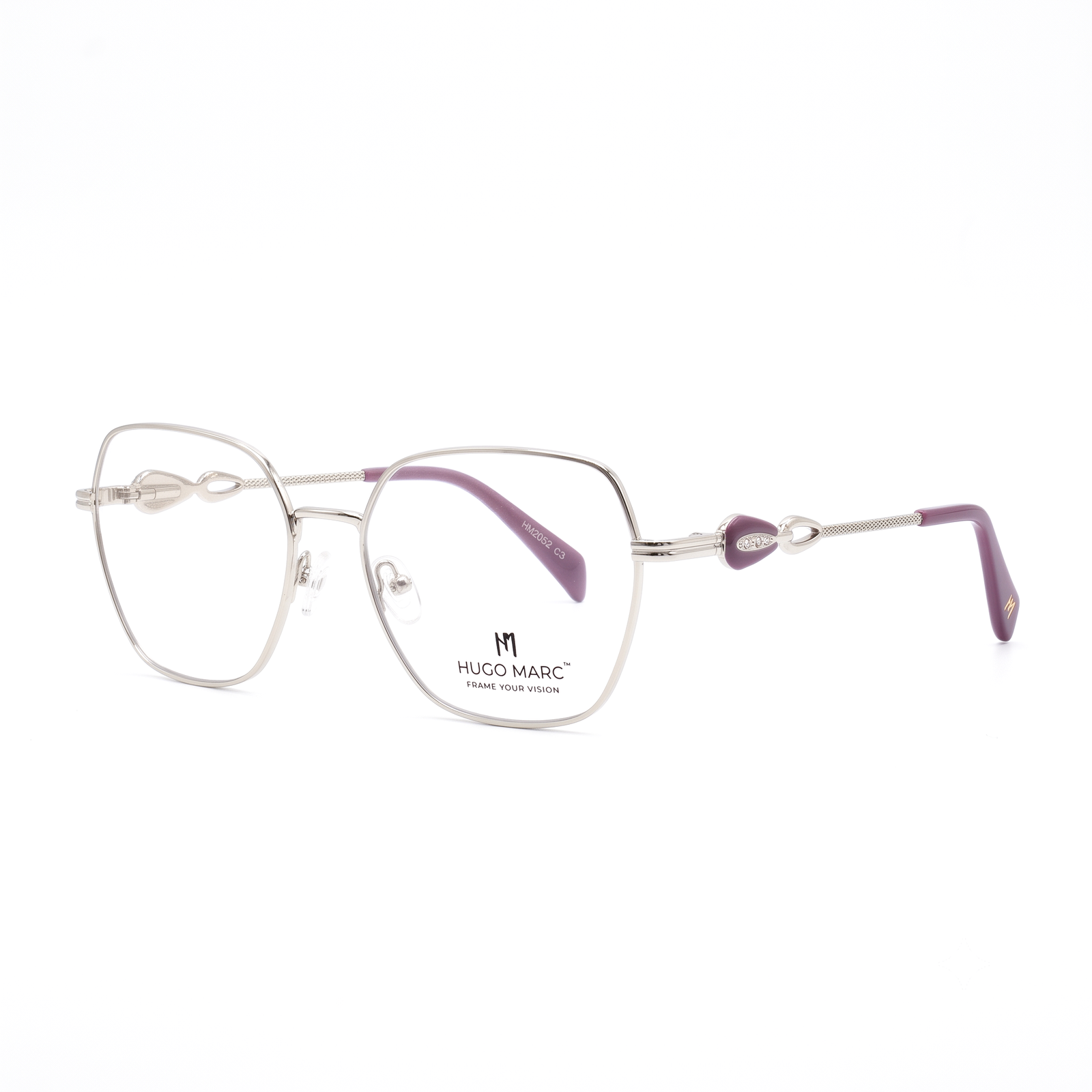 Hugo Marc HM-2052 women's geometric metal eyeglasses with decorative temple detailing