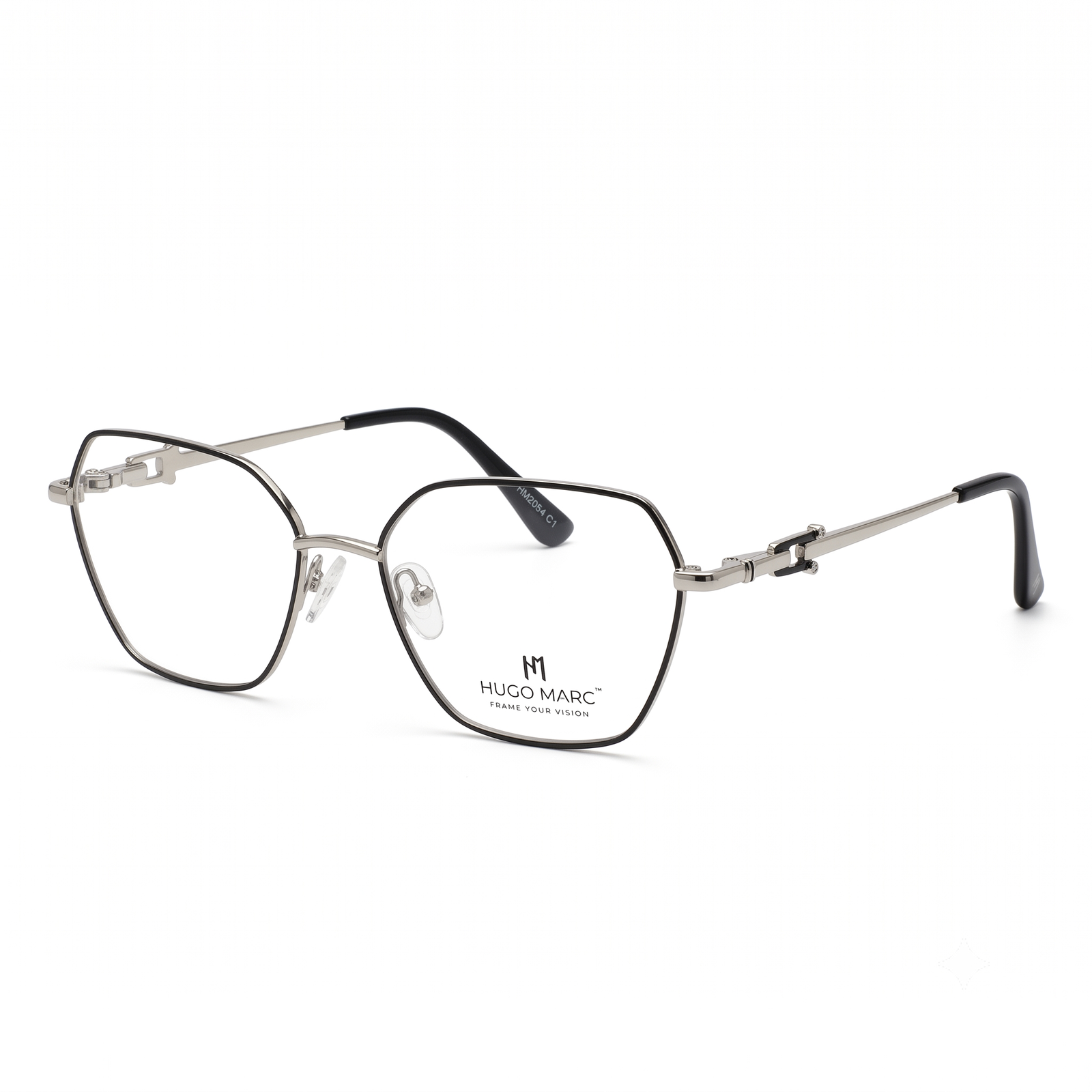 Hugo Marc HM-2054 women's geometric metal eyeglasses with decorative temple accents