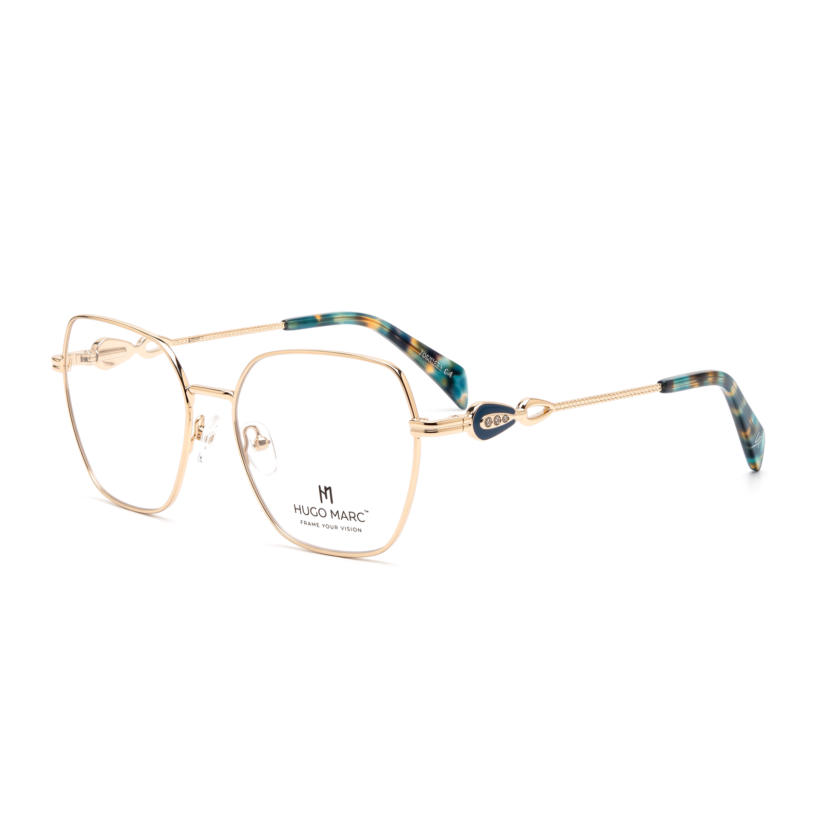 Hugo Marc HM-2052 women's geometric metal eyeglasses with decorative temple detailing