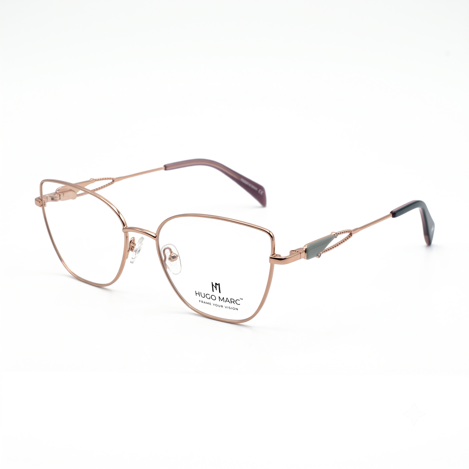 Hugo Marc HM-2053 women's geometric metal eyeglasses with decorative chain-inspired temples