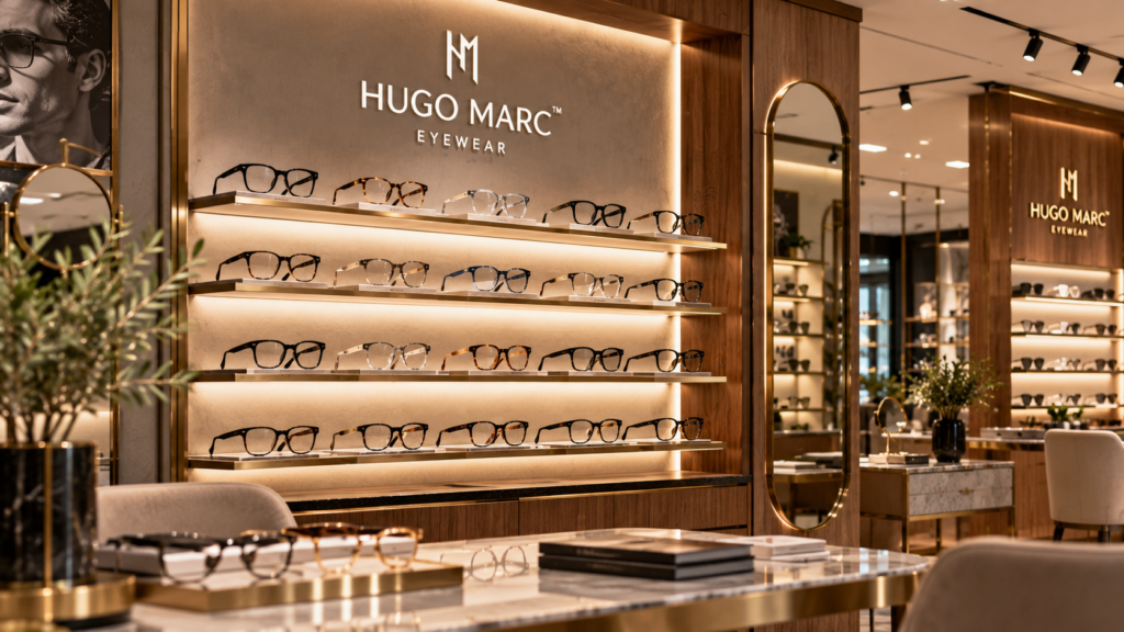 Hugo Marc Eyewear ka premium optical boutique, jis mein wooden interiors aur illuminated eyewear displays hain.