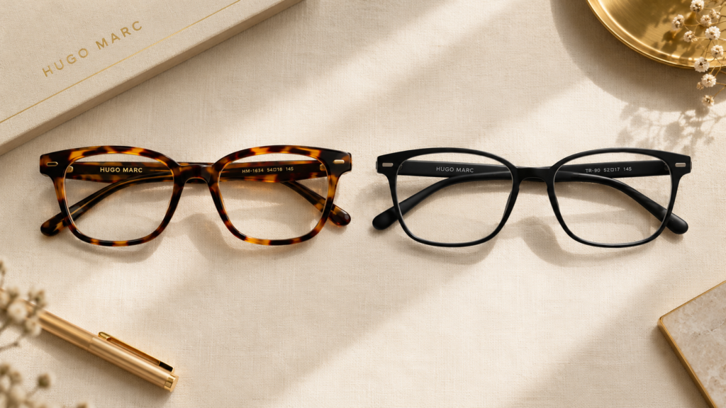 Neutral textured background par rakhe Hugo Marc tortoiseshell acetate aur black optical frames.