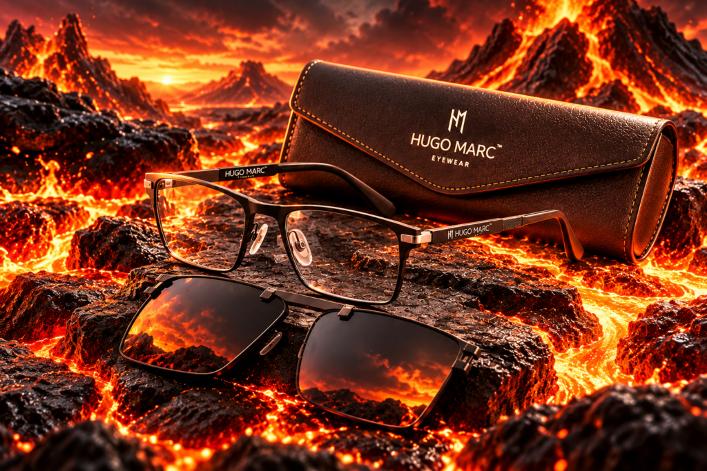 Hugo Marc ka clip-on sunglass attachment eyeglass frame par lagaa hua
