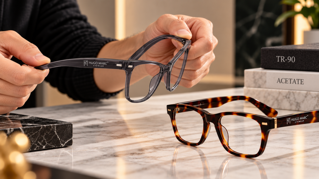 Hugo Marc ke TR-90 style aur tortoiseshell acetate optical frames marble surface par displayed hain.