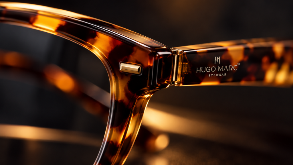 Hugo Marc branding aur rich tortoiseshell pattern wale acetate-style eyewear frame ka close-up.