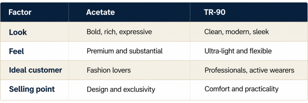 Acetate aur TR-90 frames mein antar