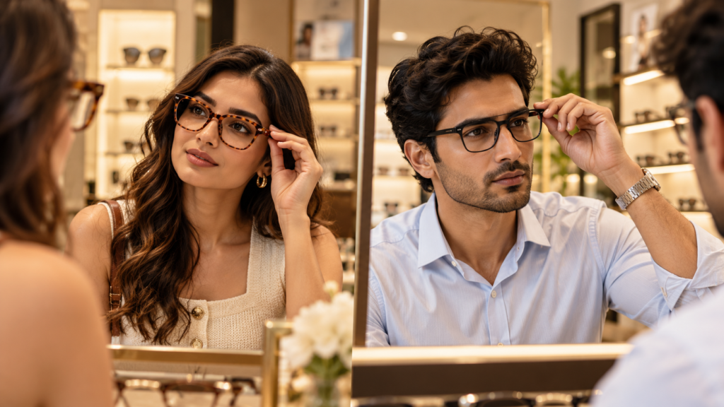 Premium eyewear boutique mein stylish optical frames try karte hue ek man aur woman.